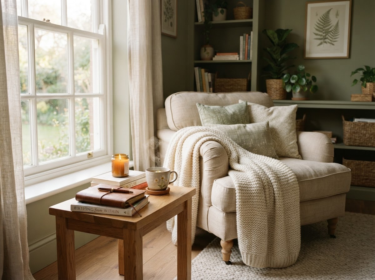 A calm prenatal counselling space with a soft armchair, herbal tea, and a lit candle.