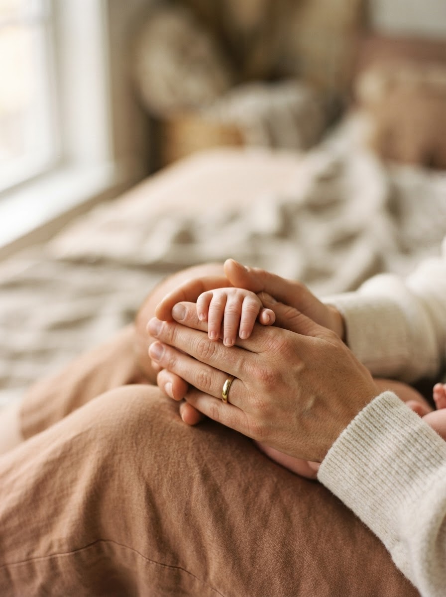 A newborn baby's tiny hand held gently in a parent's hand