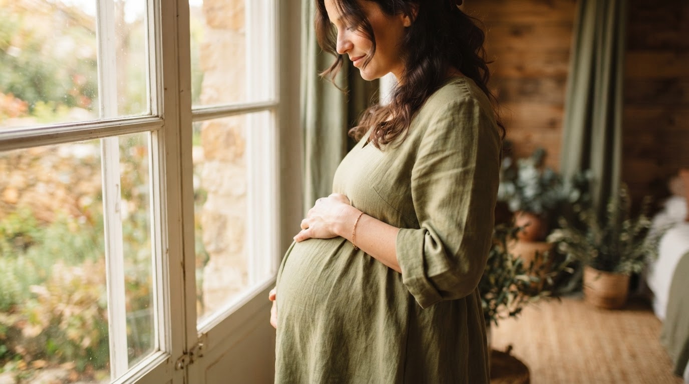 A side profile close-up of a woman's pregnant belly in a soft dress, her hand gently resting above it next to a brightly lit window