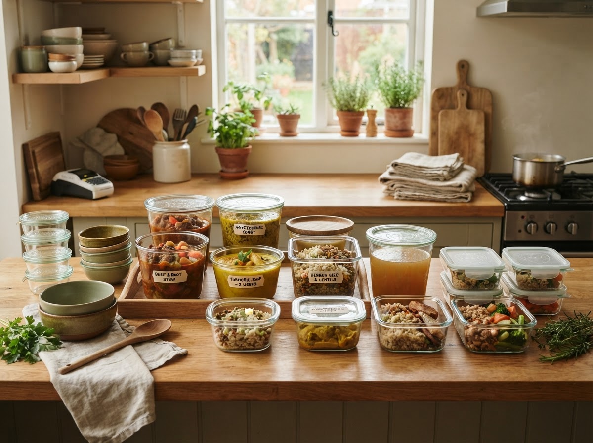 Glass containers of prepared postpartum meals arranged in a warm kitchen.