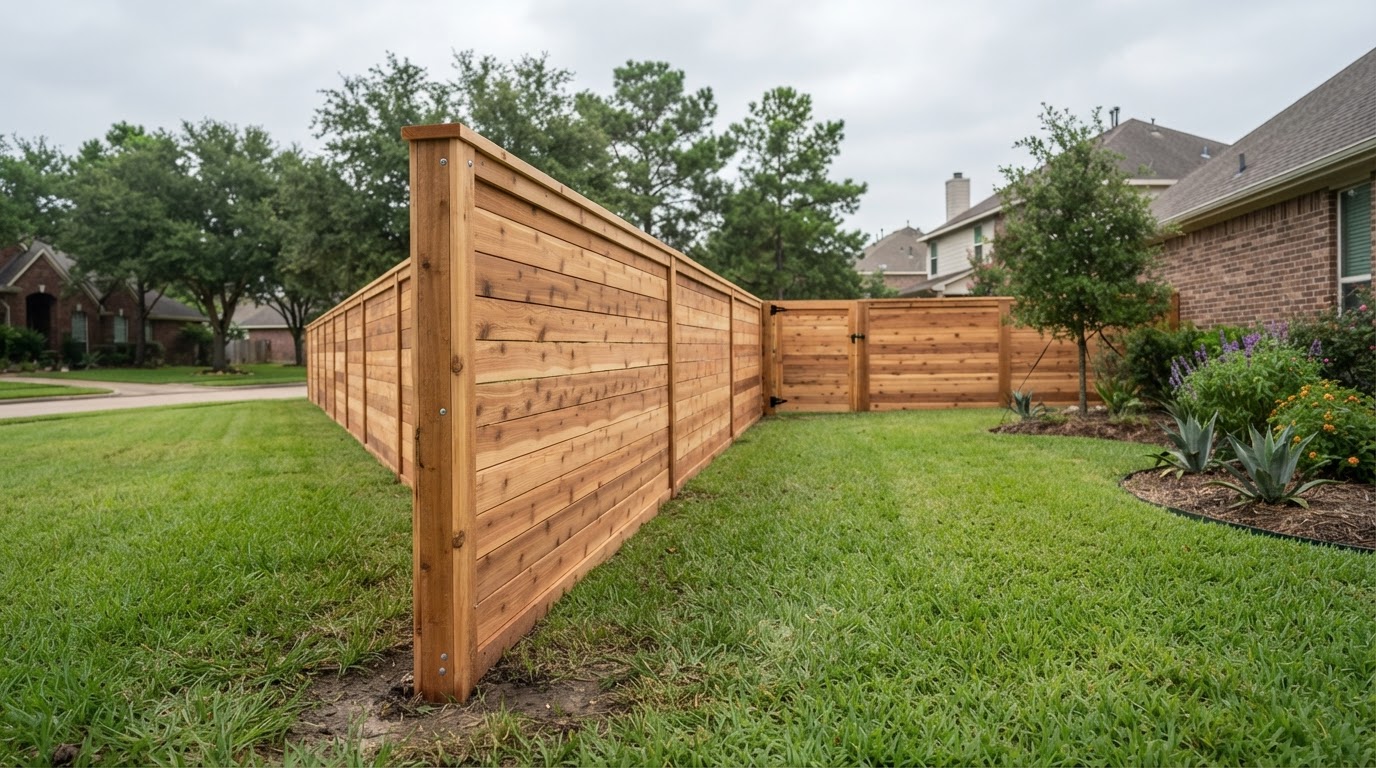 Newly installed cedar wood privacy fence along a Texas residential yard