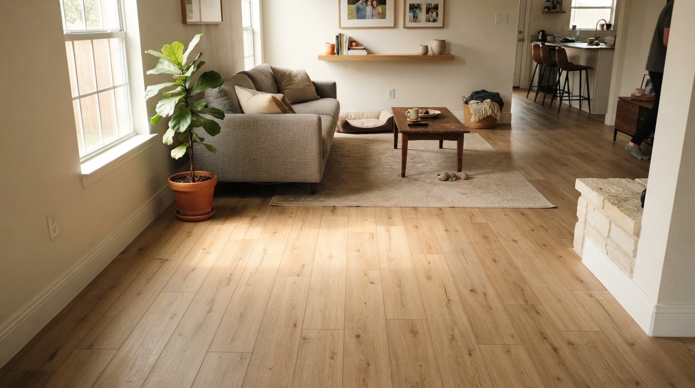Newly installed laminate wood flooring in a remodeled living room