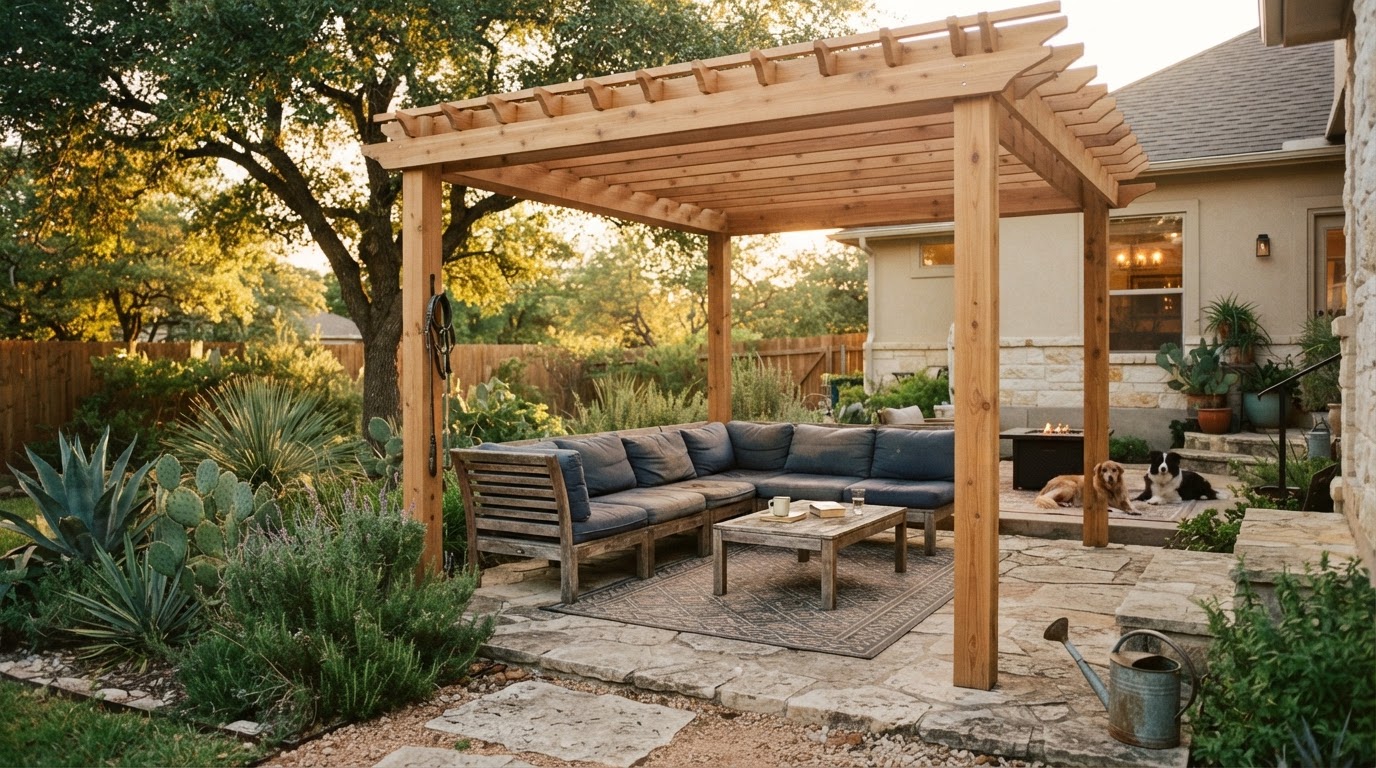 Backyard patio with pergola and outdoor seating in a Texas home