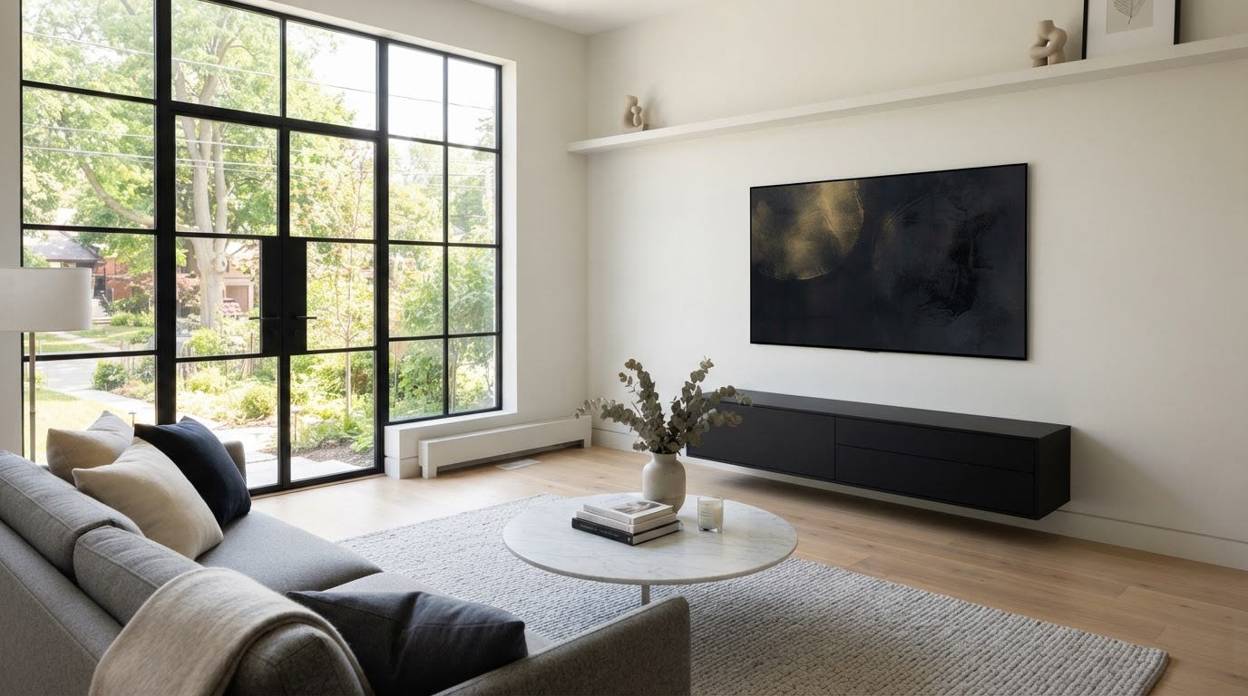 TV cleanly wall-mounted and centered — B Leveled