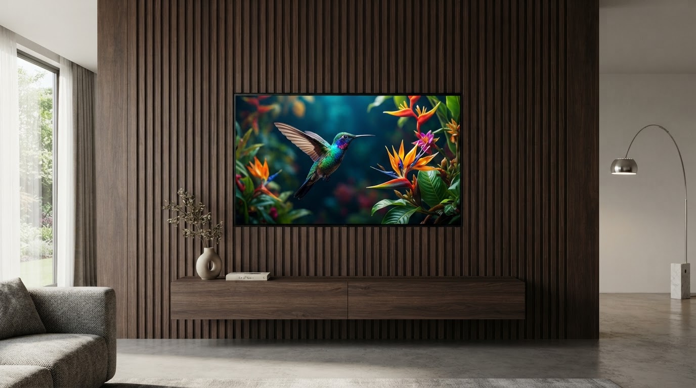 OLED TV mounted flush on slat feature wall with zero visible wires