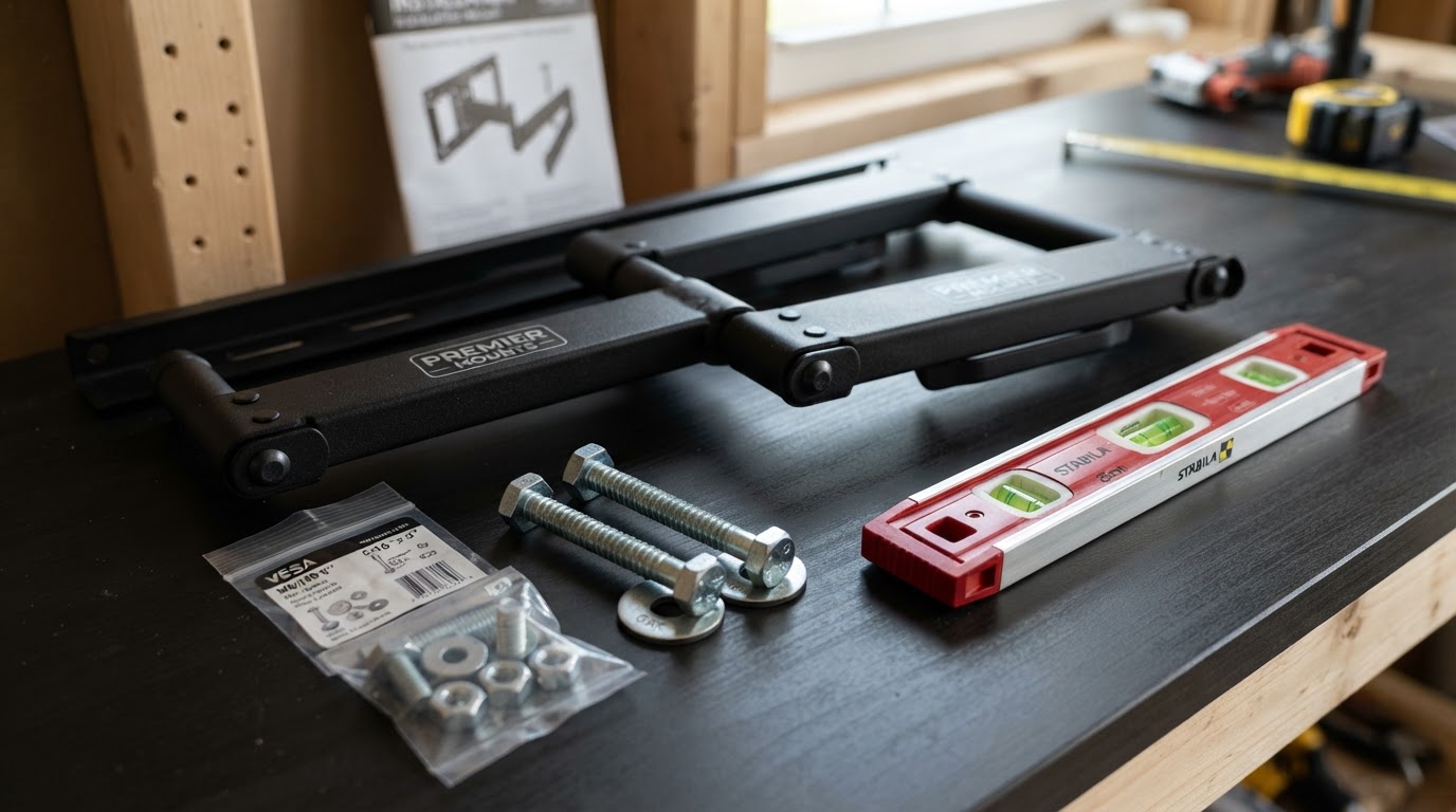 Heavy duty steel TV mounting hardware and level
