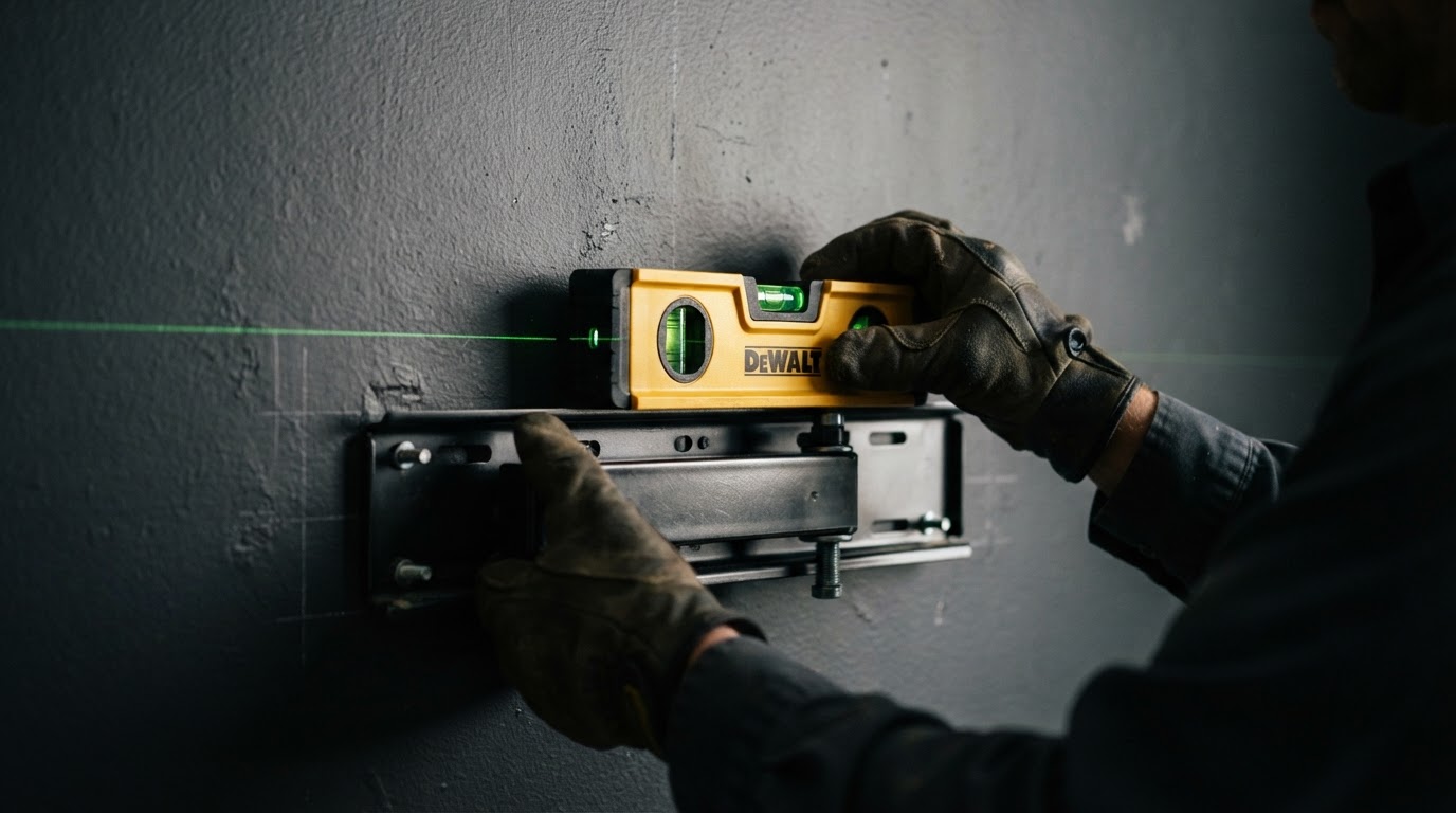 Installer checking level alignment — design inspiration
