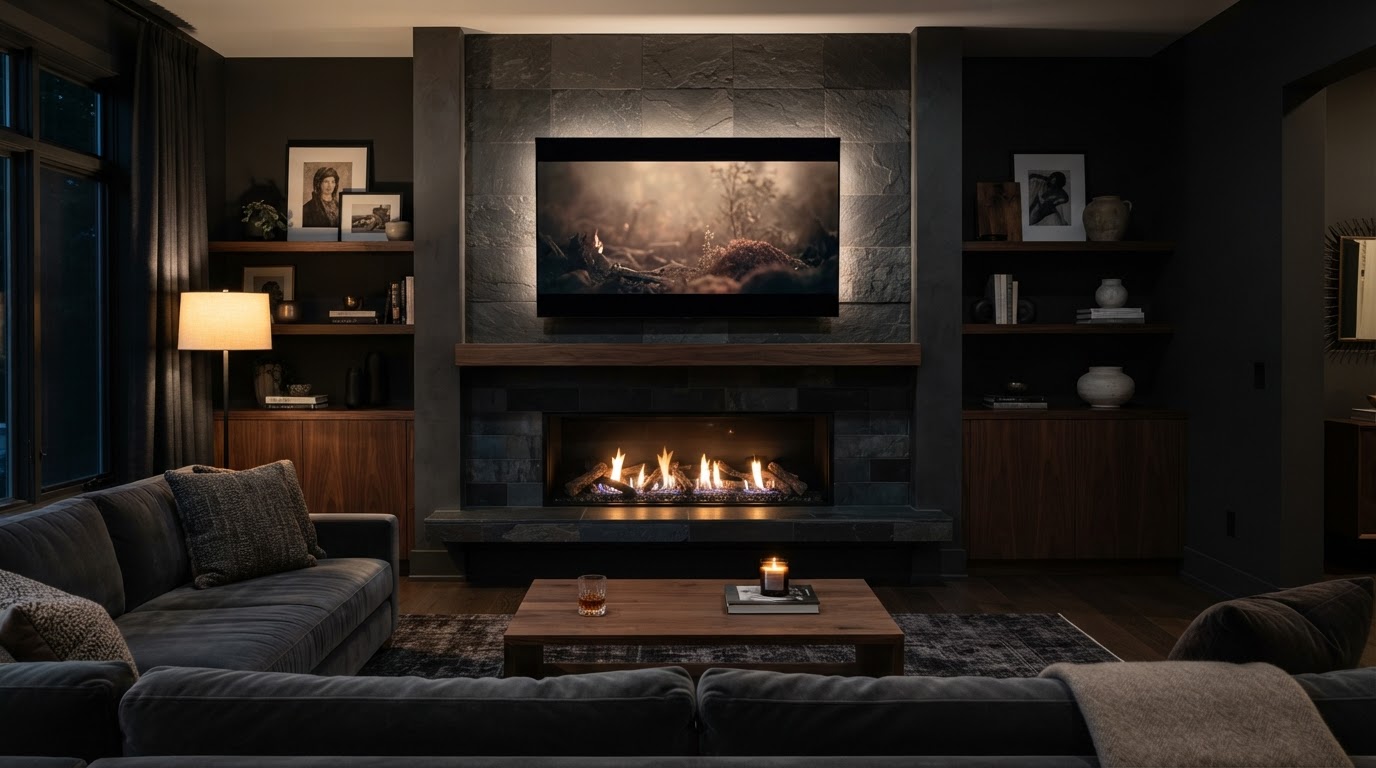 A mounted television above a fireplace — design inspiration