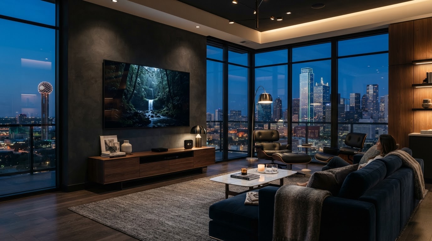 65 inch television mounted in modern luxury living room