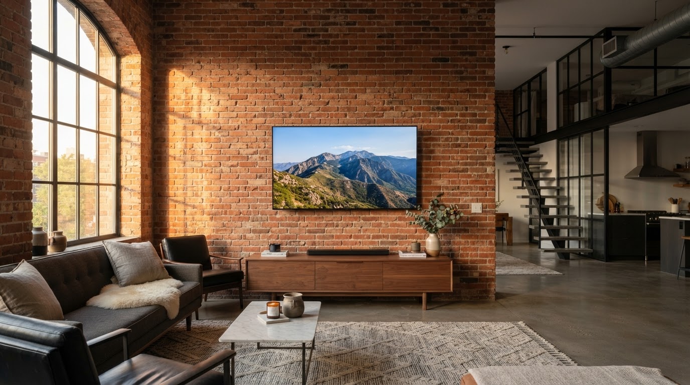 Television up to 50 inches mounted cleanly on accent wall