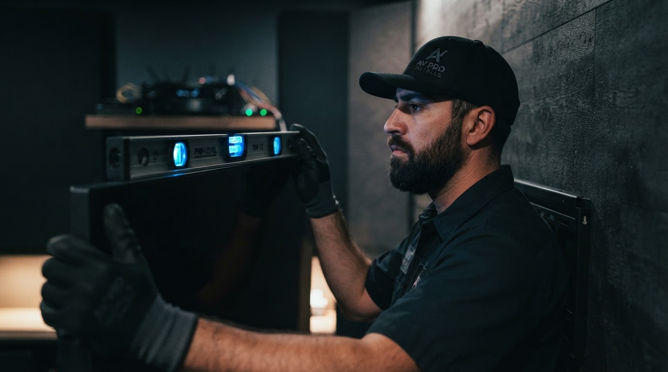 A technician checking the level of a wall-mounted television — design inspiration