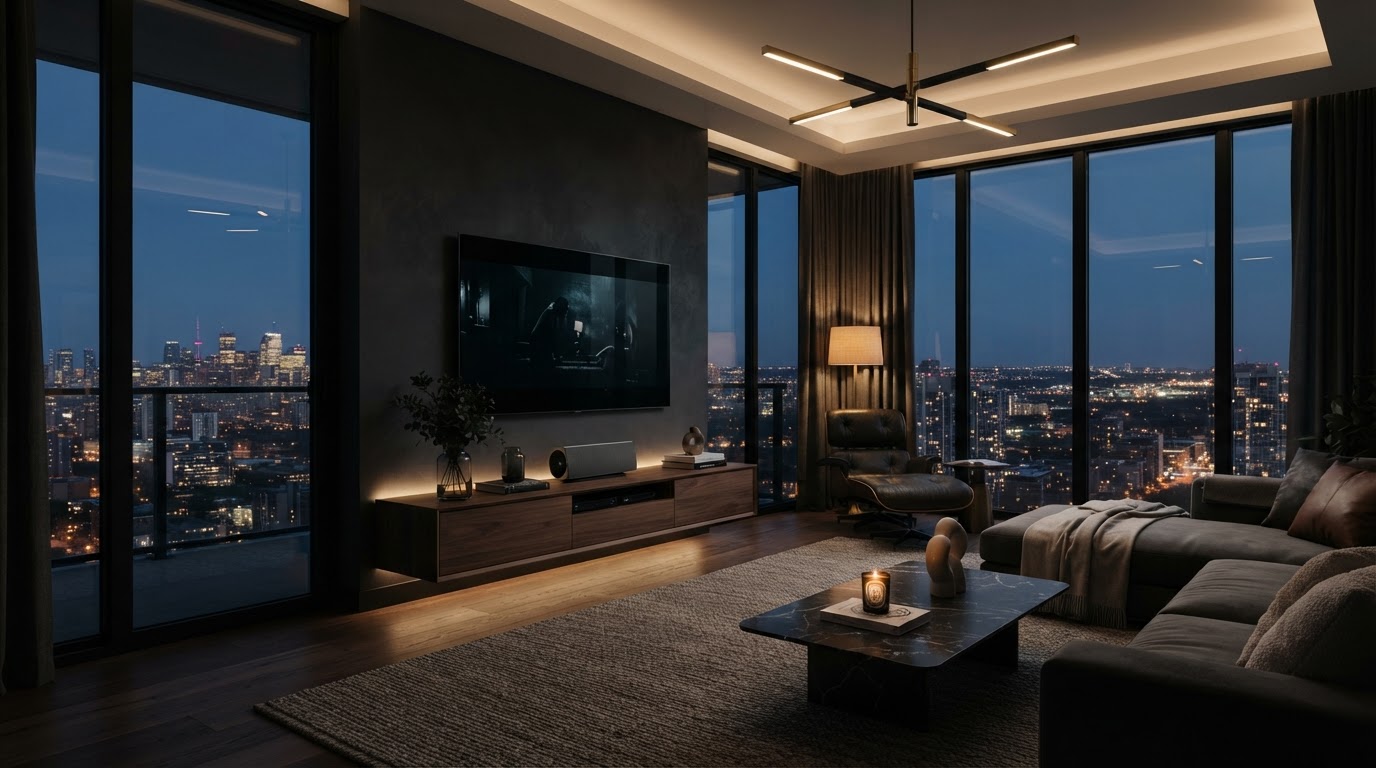 Luxury living room with a perfectly wall-mounted oversized television — design inspiration