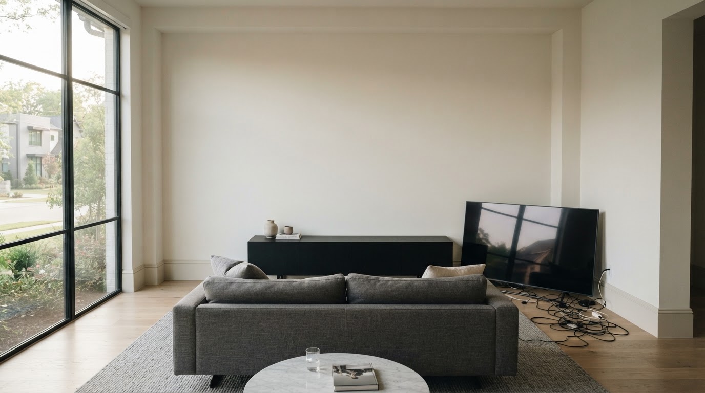 A TV sitting on a console with visible cables before mounting