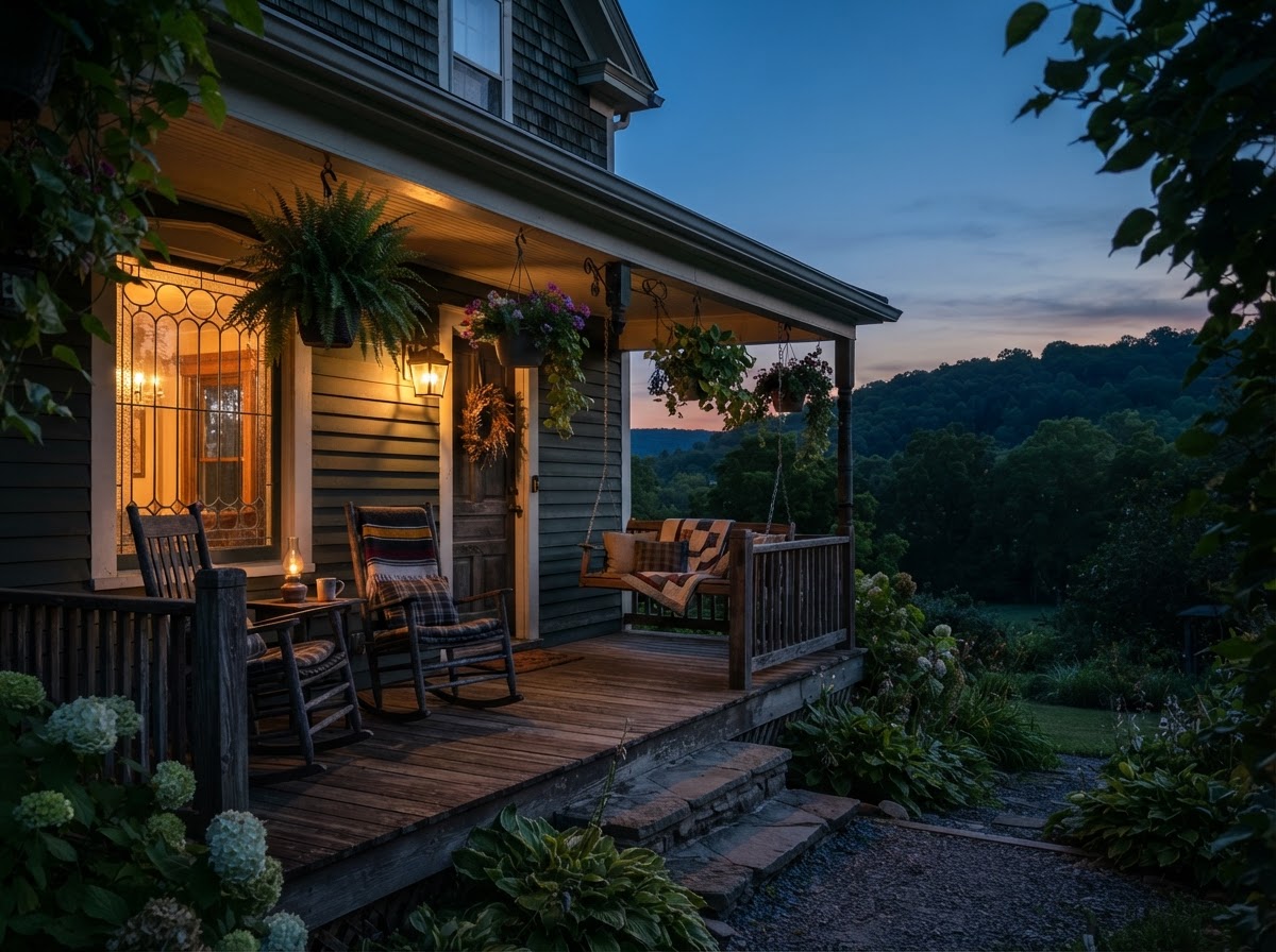 A welcoming old wooden front porch at dusk in a Pennsylvania neighborhood