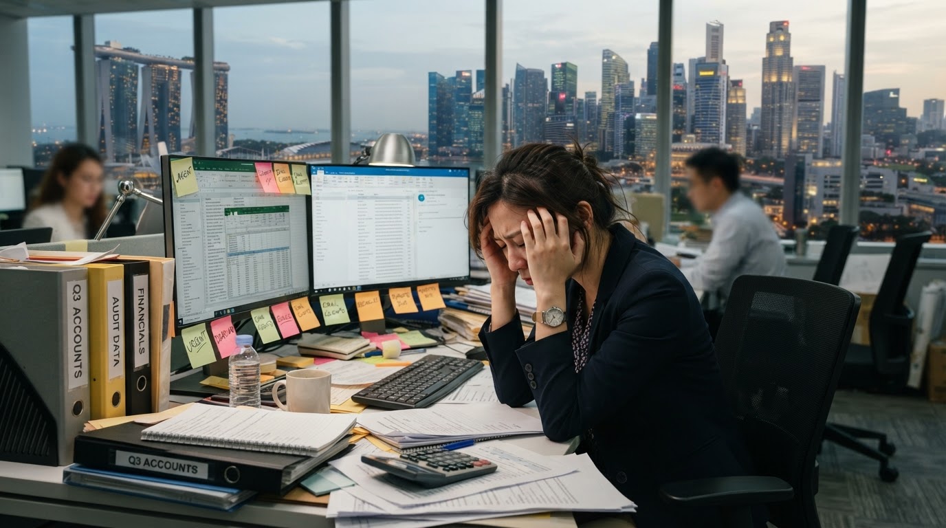 Overwhelmed professional buried in repetitive manual work, endless spreadsheets, and admin