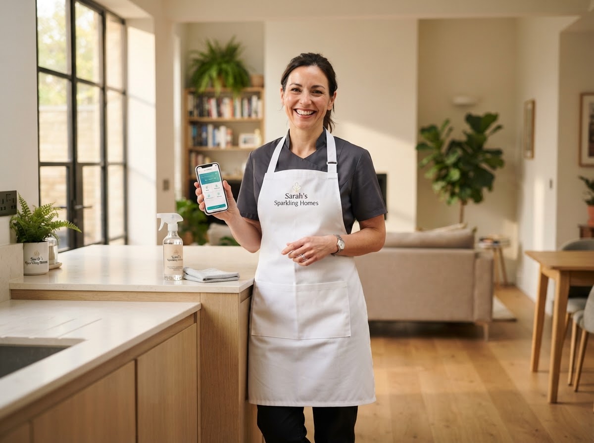 A smiling cleaning business owner holding her phone in a bright home