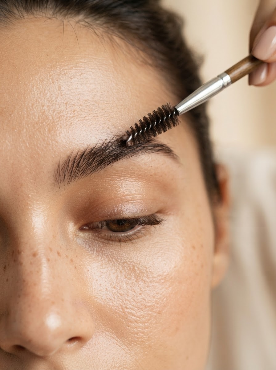 Close-up of softly brushing through eyebrows with a spoolie to blend and soften the color