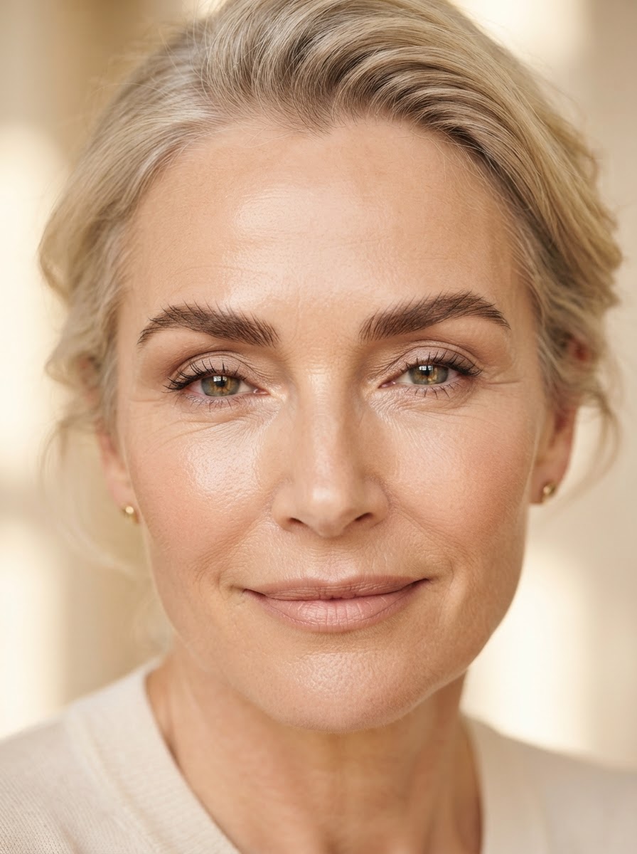 Close-up of balanced, natural-looking, softly defined eyebrows on a mature woman