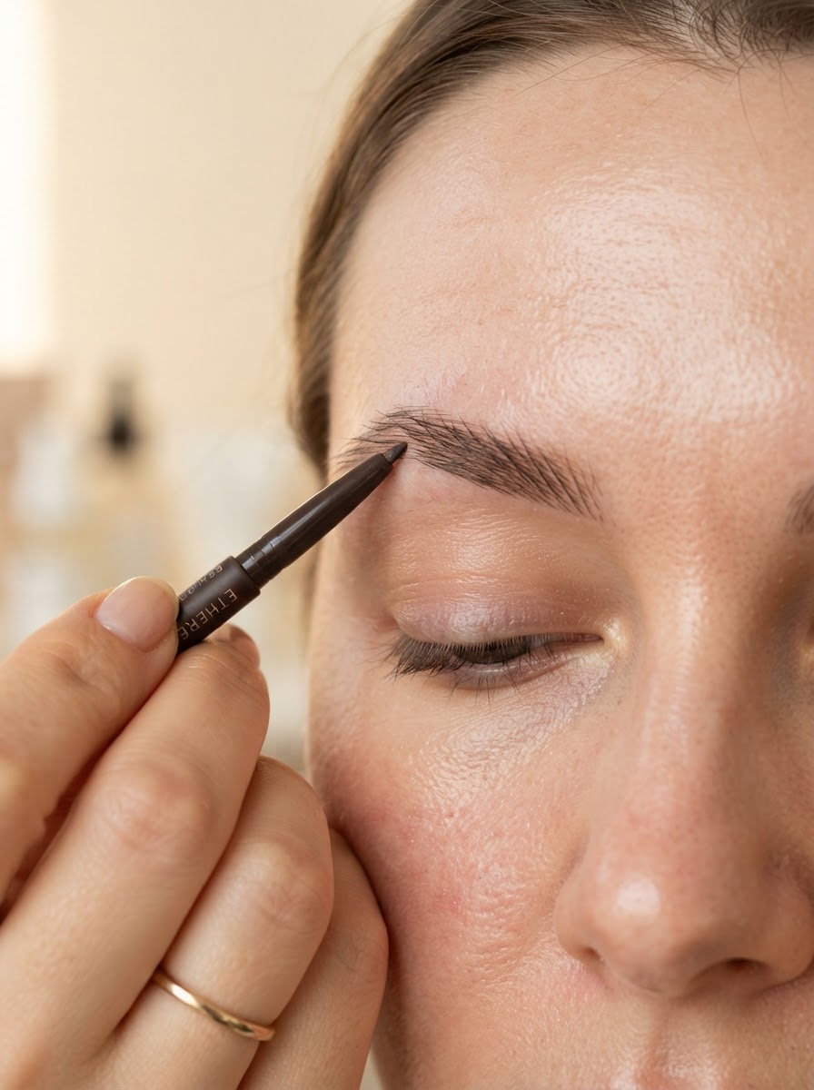 Close-up filling in sparse areas of a natural eyebrow with light short hair-like strokes
