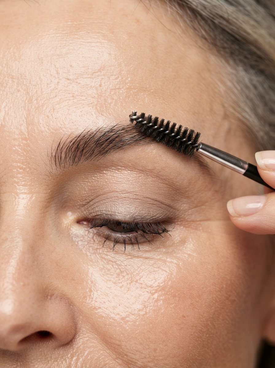 Close-up of a mature woman's eyebrow being gently brushed upward with a spoolie brush