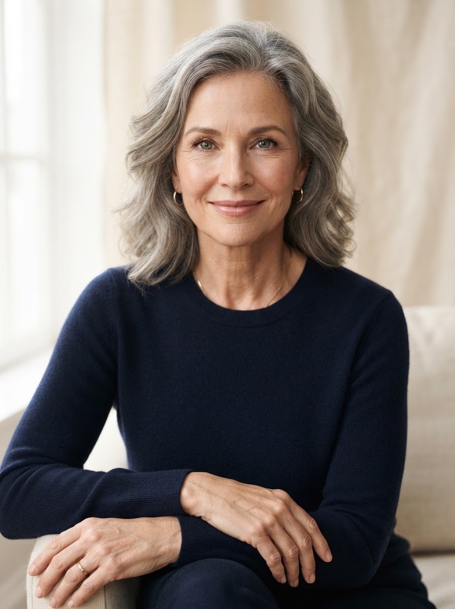 A mature woman with softly groomed, natural eyebrows and minimal natural makeup