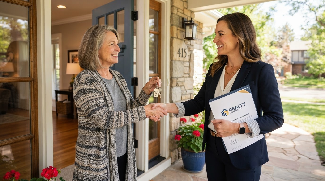 A real estate investor shaking hands with a homeowner in front of their property