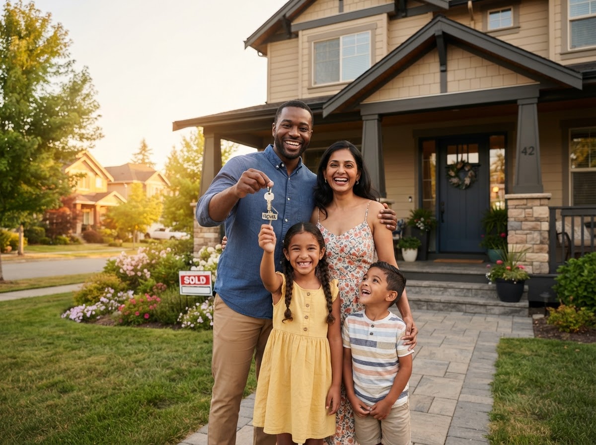 A happy family of homeowners holding up their new house keys