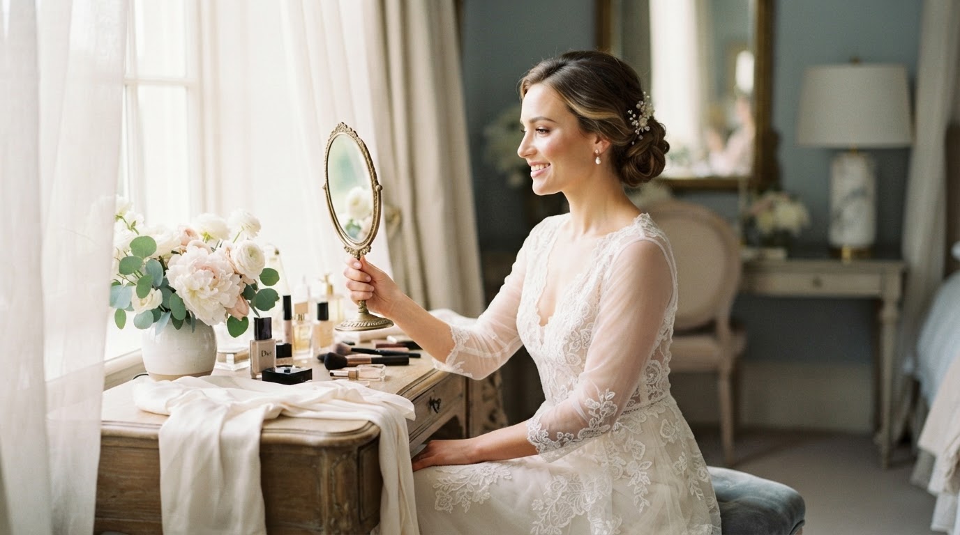 Soft glam bride seated at a luminous vanity on her wedding morning