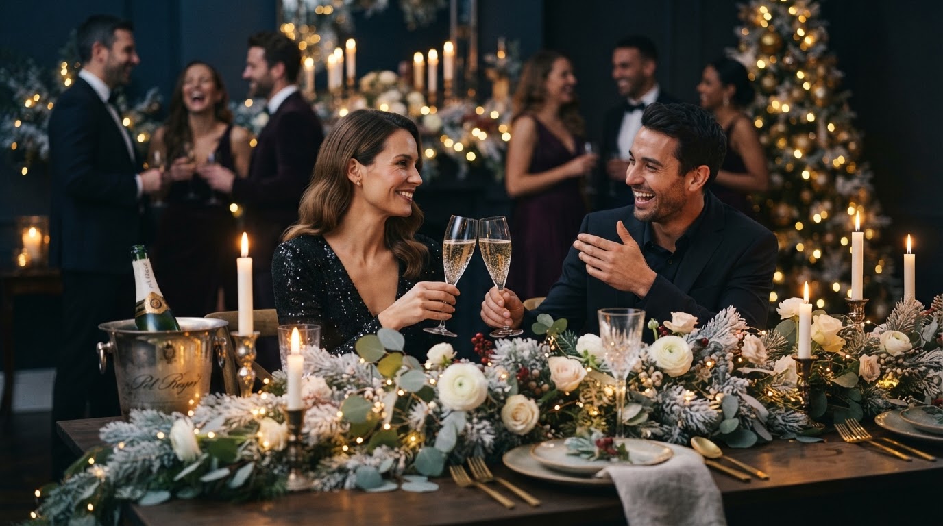 Candlelit gala soirée with champagne and warm golden lights
