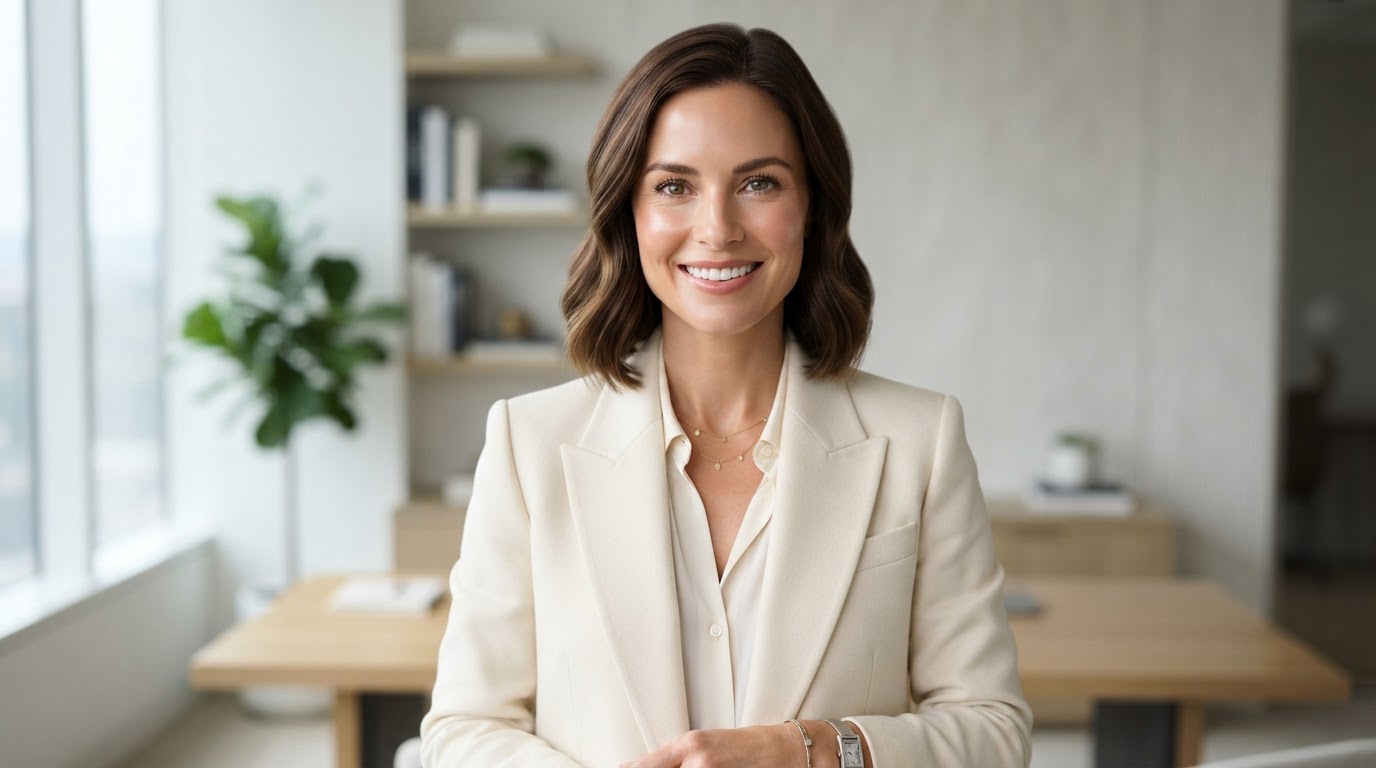 Polished professional woman in a bright modern office with natural glam