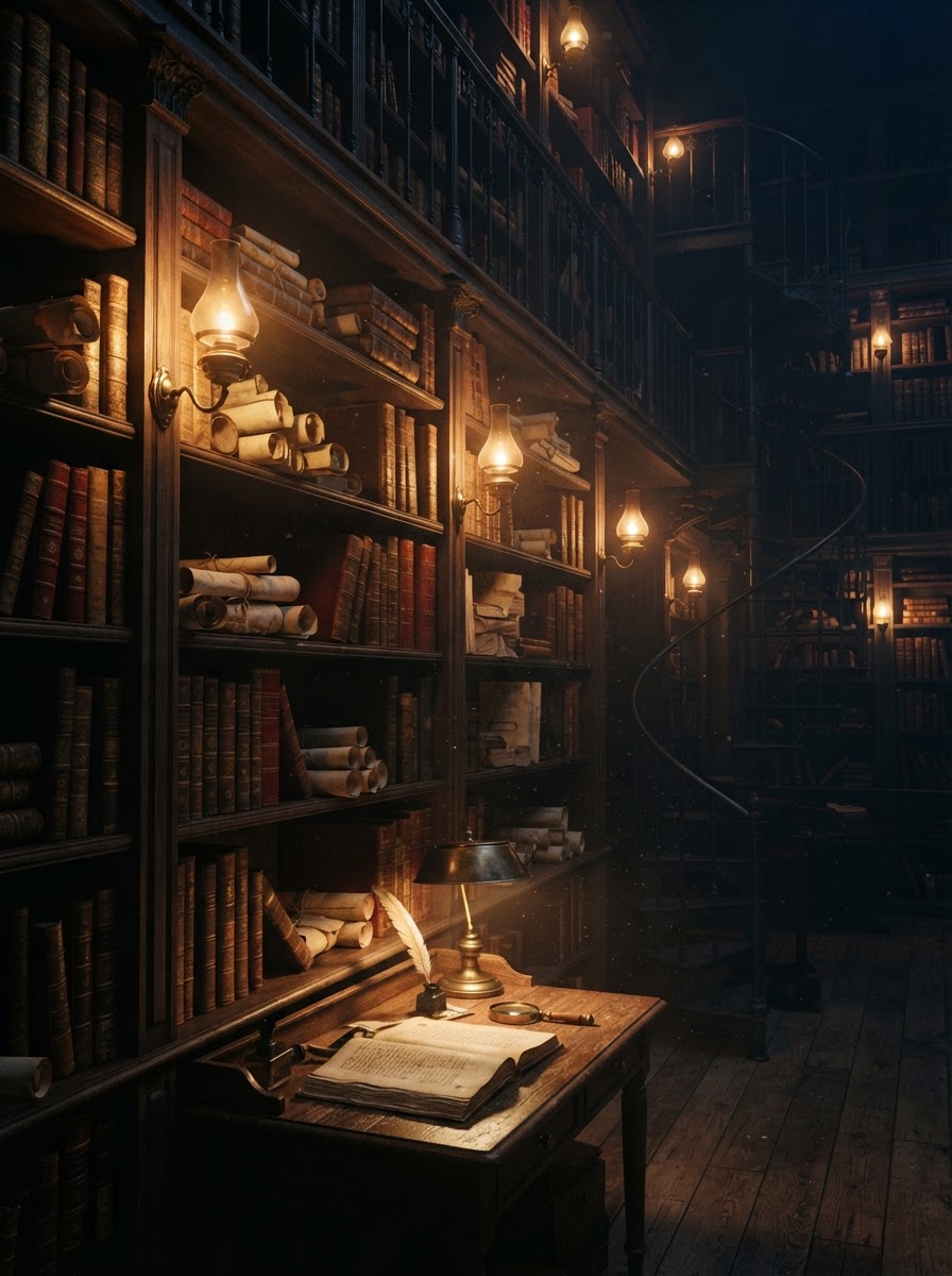 Archival library with warm gold lamplight over navy shelves