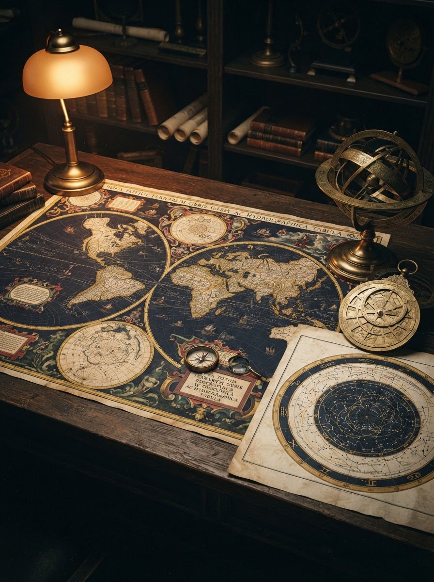 Vintage world map and antique celestial star chart with astrolabe
