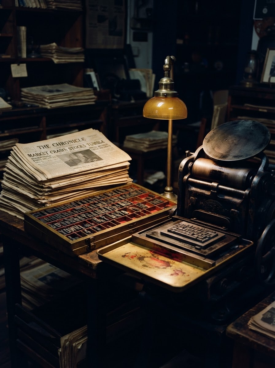 Antique printing press and stacks of vintage newspapers