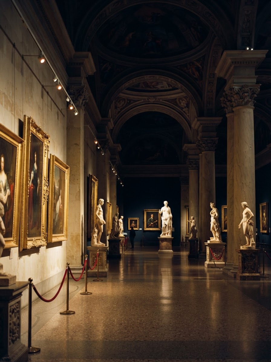 Grand classical museum gallery hall at night with gilded frames