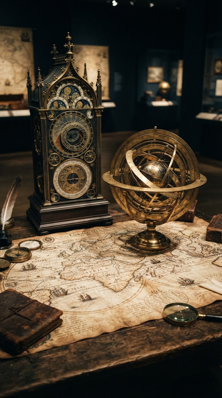 Antique armillary sphere and clock over an aged world map