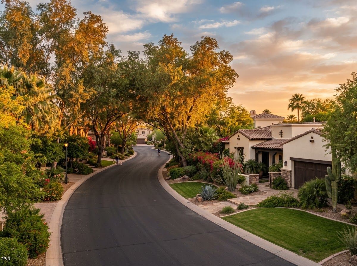 A Litchfield Park, Arizona residential scene with mature trees and stucco homes at golden hour