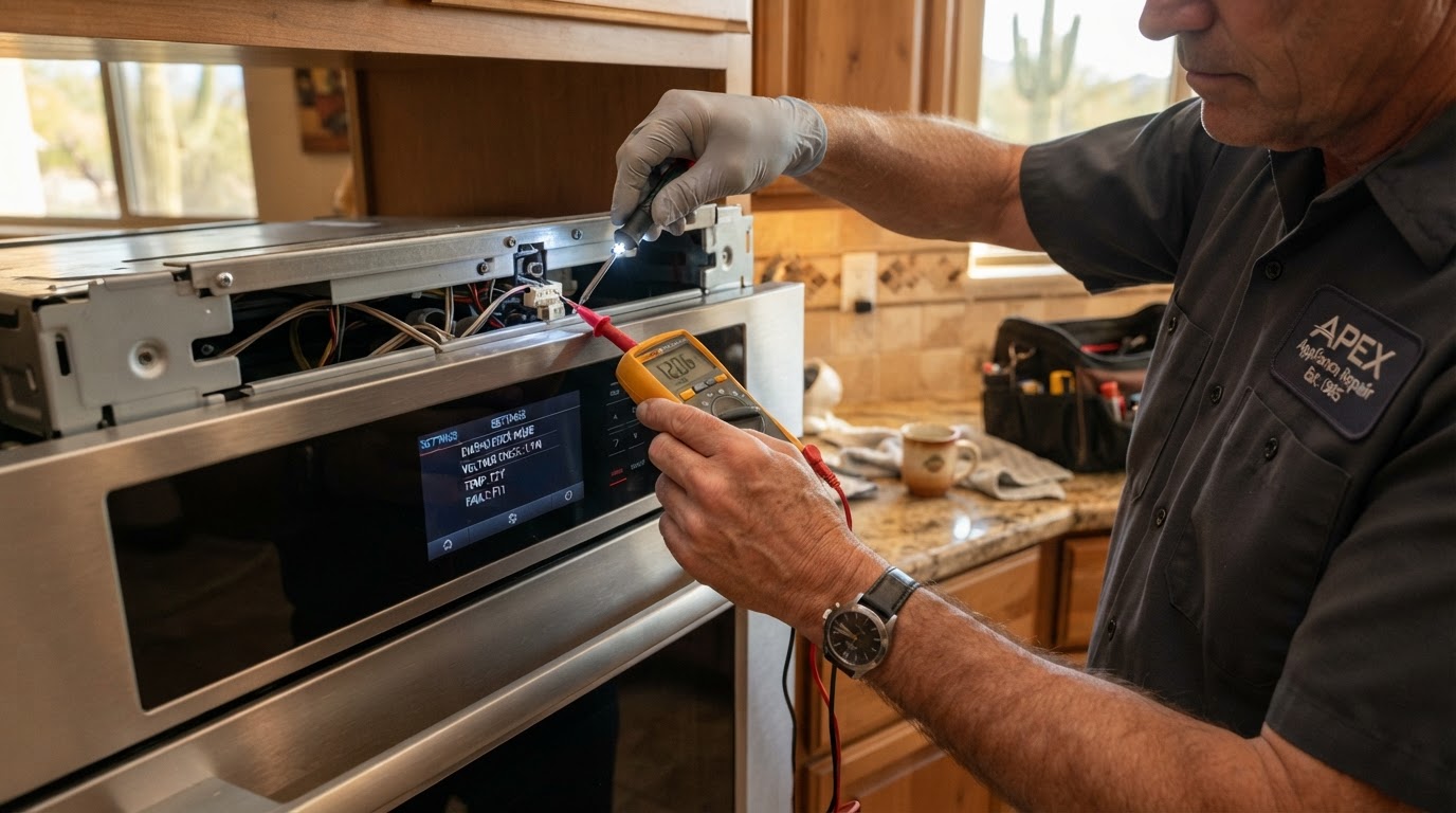 Technician using diagnostic tools on a modern oven control panel in an Arizona kitchen