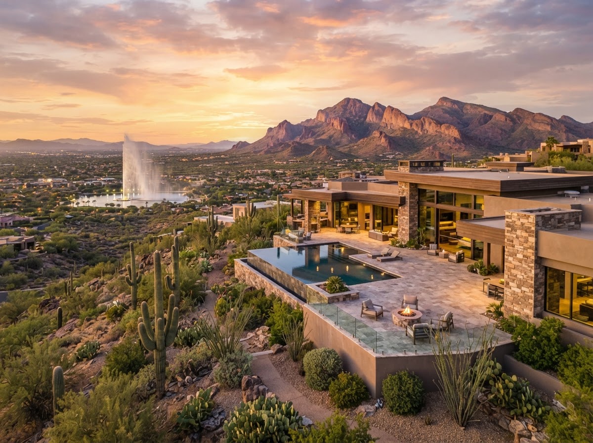 A hillside home in Fountain Hills, Arizona overlooking the desert with the McDowell Mountains at sunset