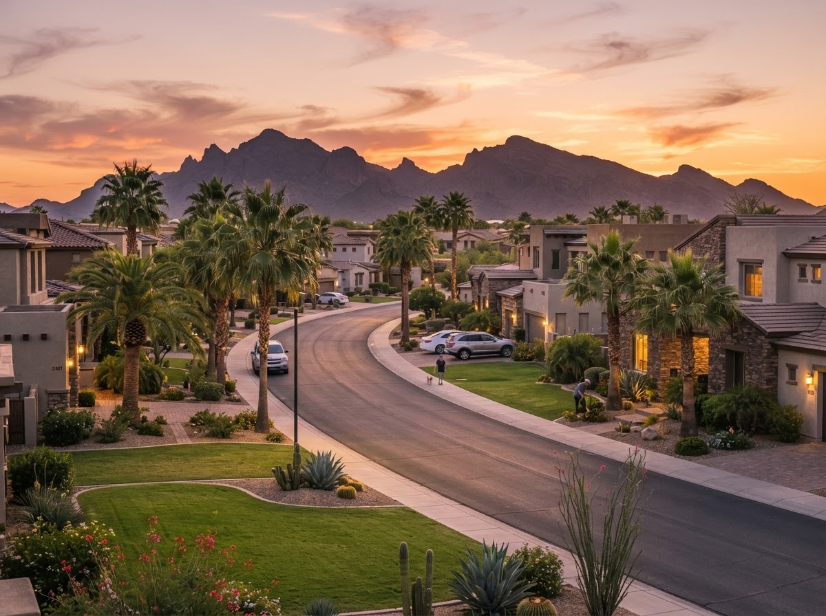 A Gilbert, Arizona neighborhood with modern stucco homes, palm-lined streets, and the San Tan Mountains at sunset