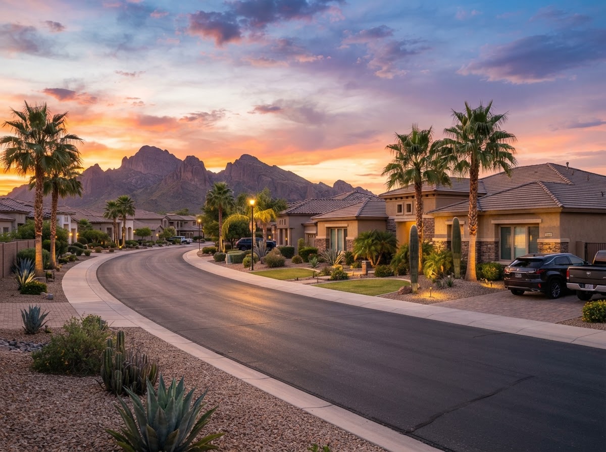 A Queen Creek, Arizona neighborhood with newer stucco homes on larger lots and the San Tan Mountains at sunset