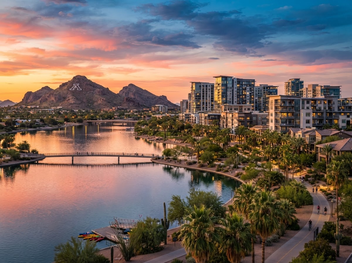 Tempe, Arizona near Tempe Town Lake with modern homes, palm trees, and a warm sunset sky