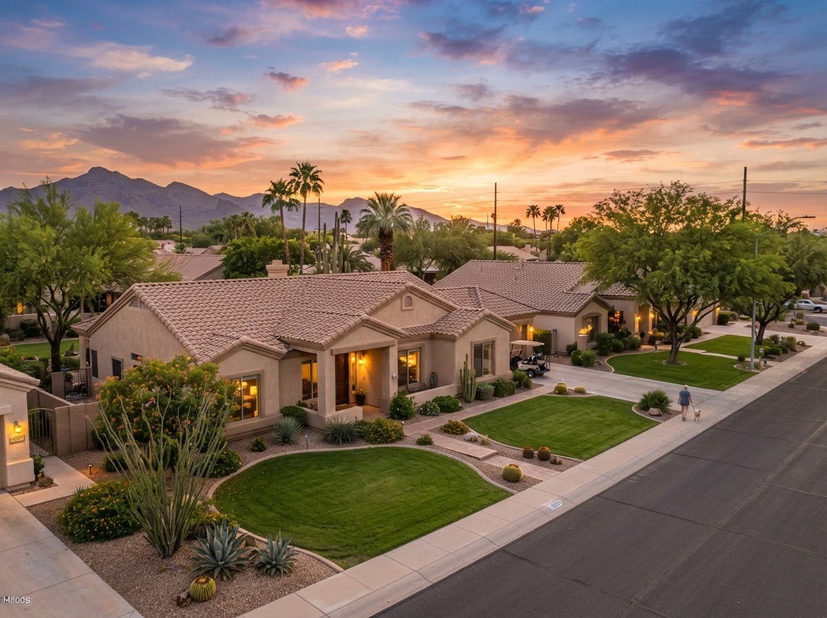 A Sun City West, Arizona neighborhood with established stucco ranch homes and mature trees at sunset