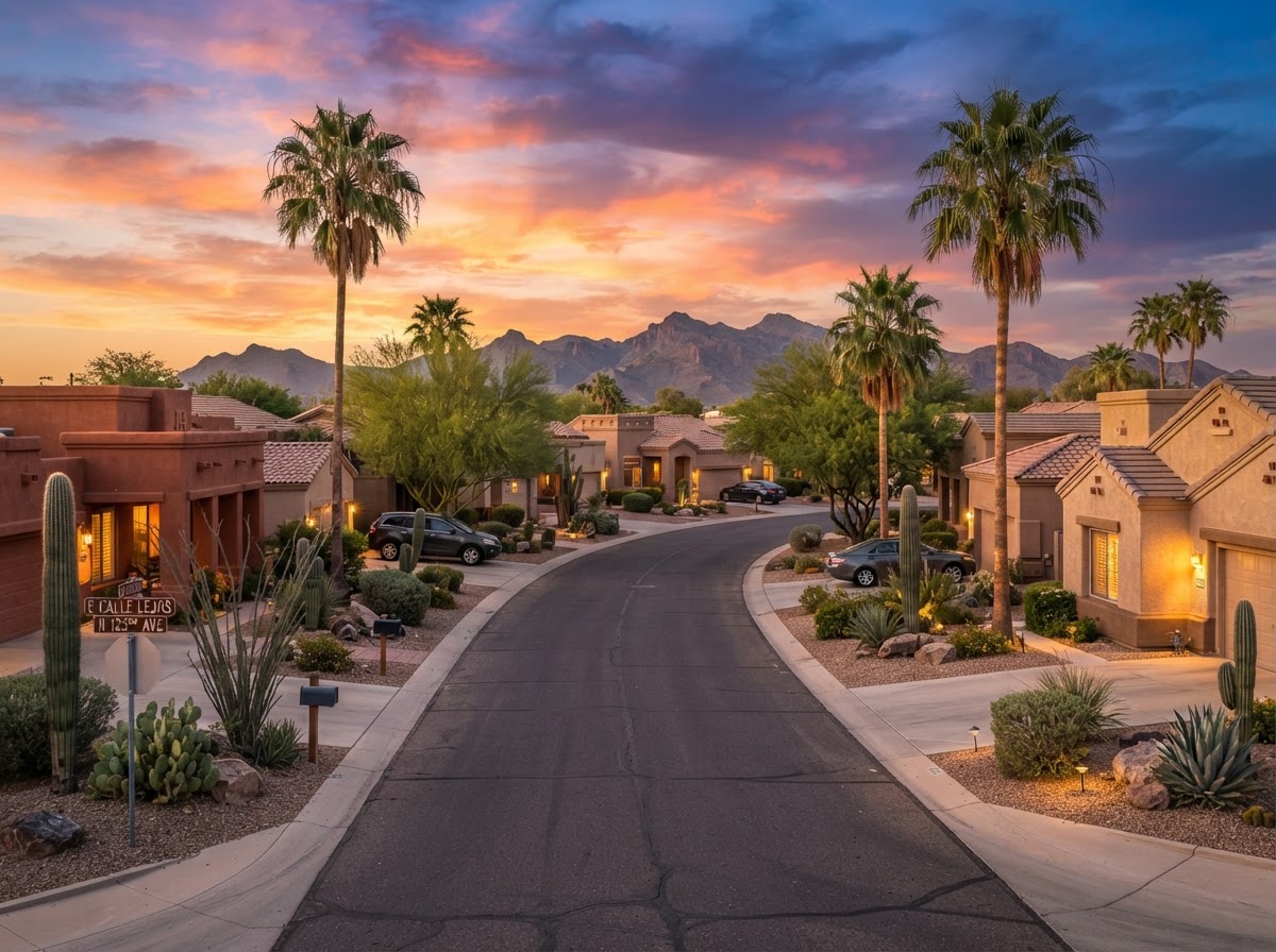 An Avondale, Arizona residential street with stucco homes, palm trees, and a glowing desert sunset