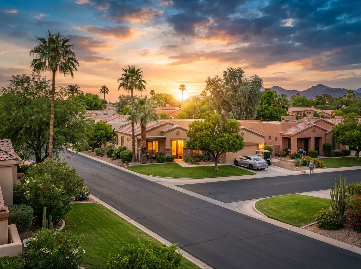 A Sun City, Arizona neighborhood with established stucco ranch homes and mature trees at sunset