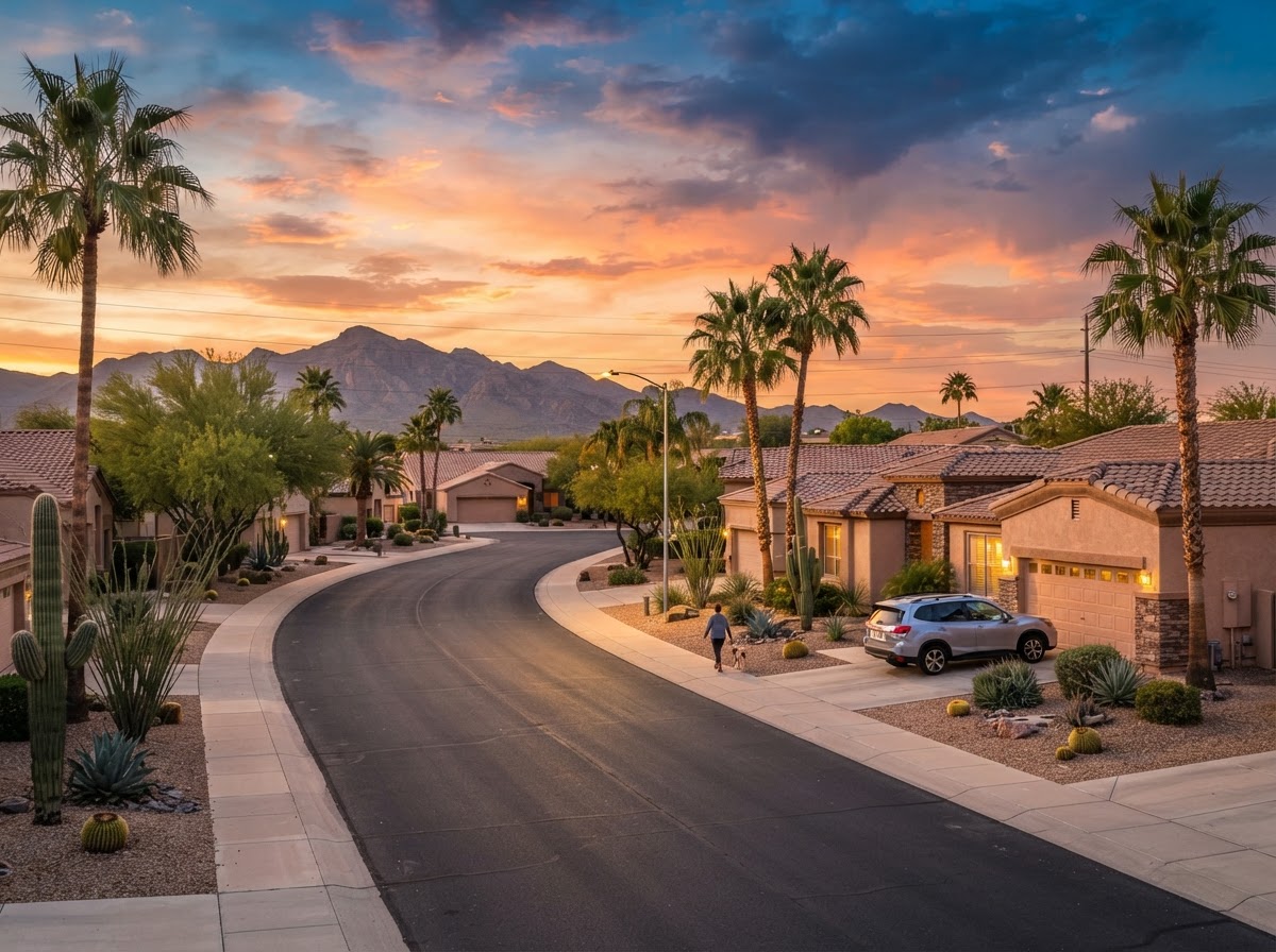 An El Mirage, Arizona residential street with stucco homes and palm trees at a Sonoran Desert sunset