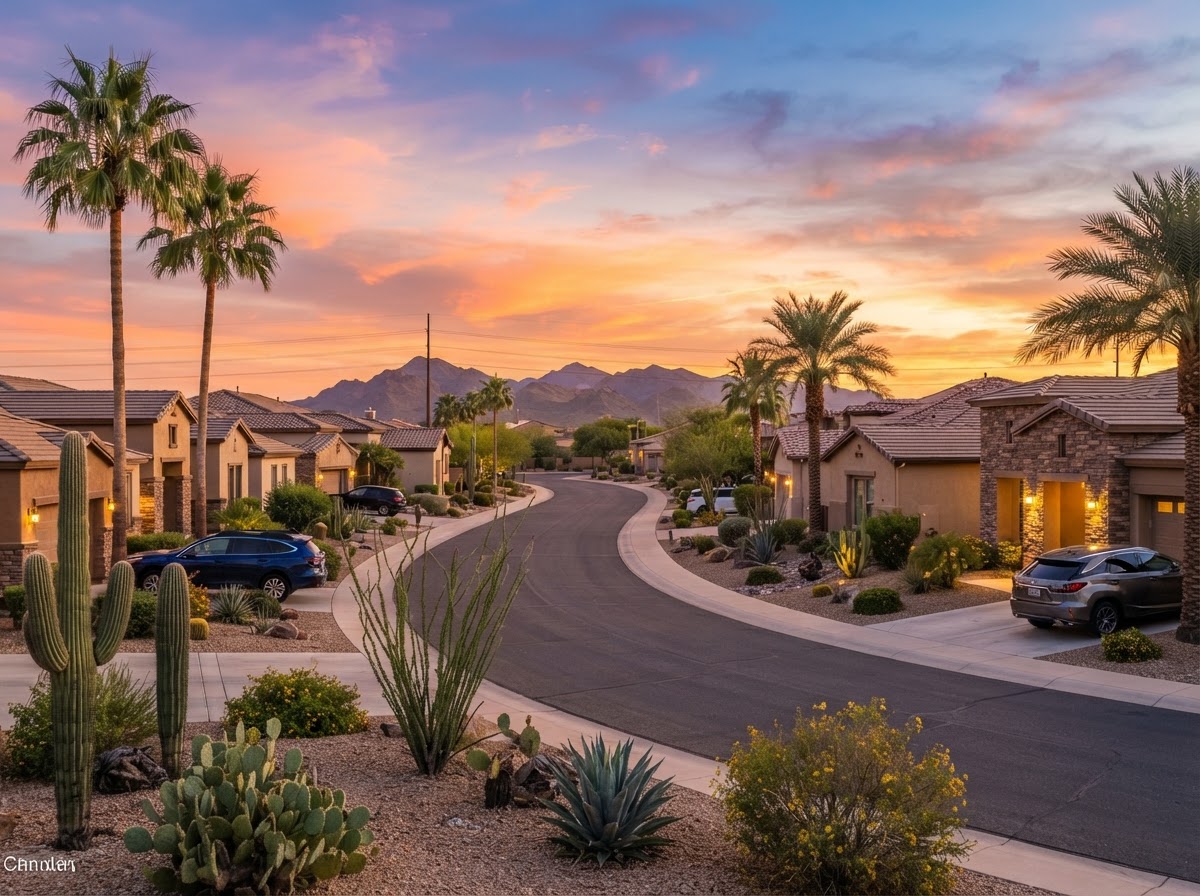 A Chandler, Arizona street with newer stucco homes, palm trees, and a glowing desert sunset