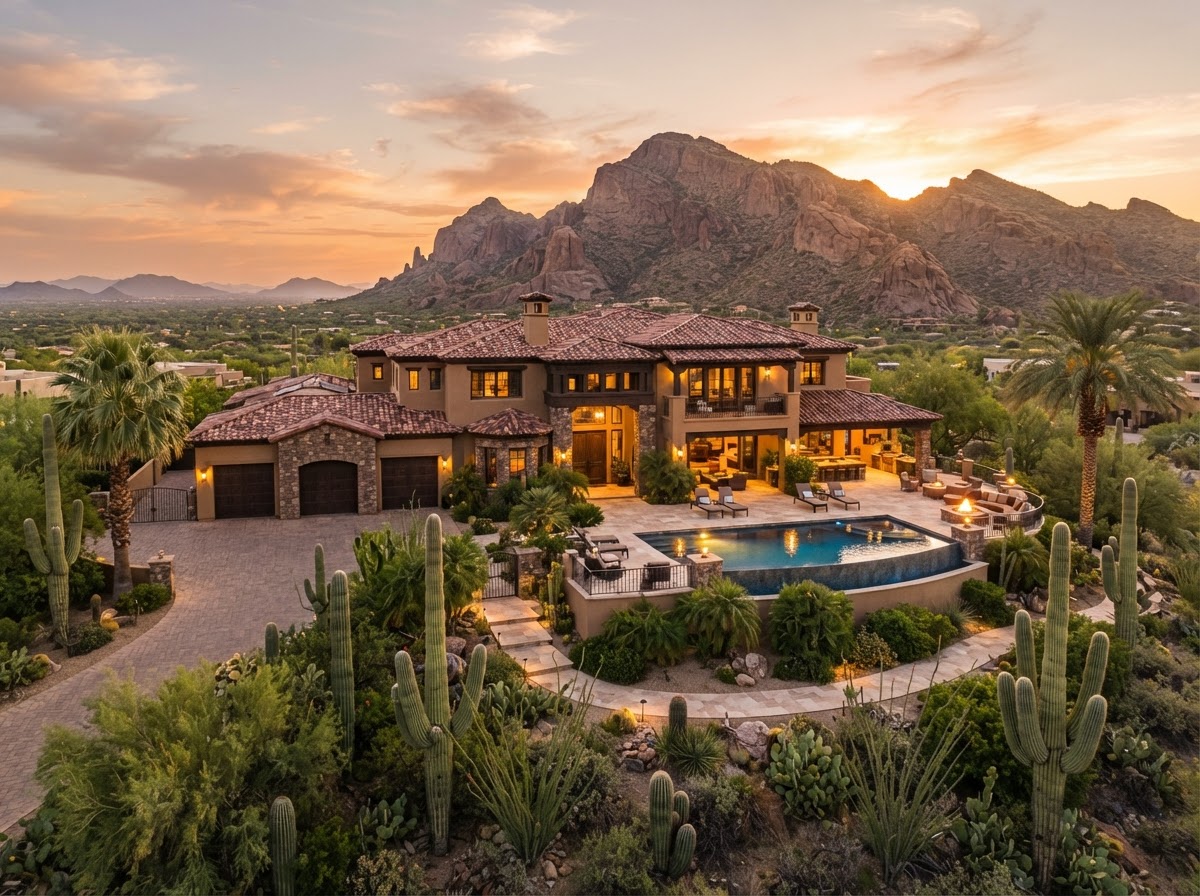 A luxury desert home in Scottsdale, Arizona at golden hour with saguaro cacti and the McDowell Mountains