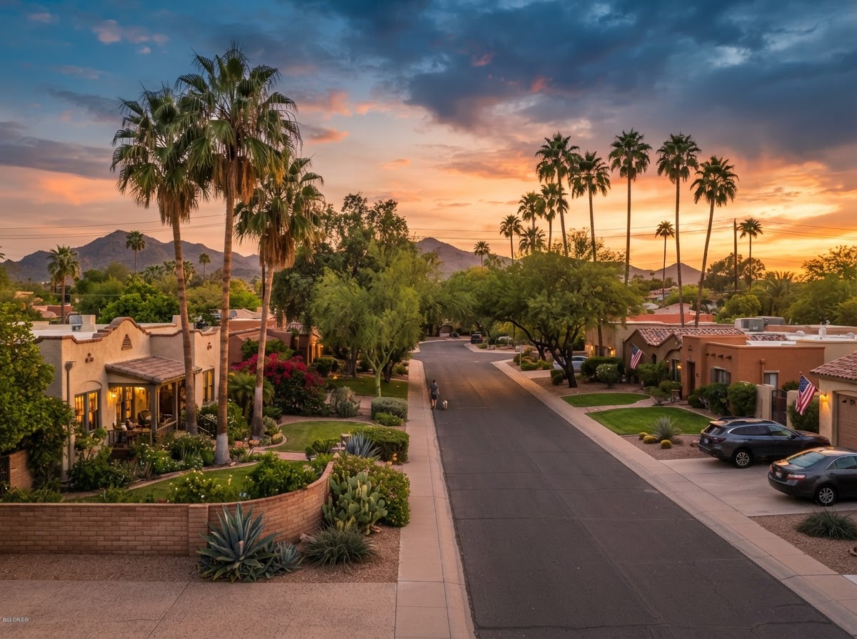An established Glendale, Arizona neighborhood with mature trees and stucco ranch homes at sunset