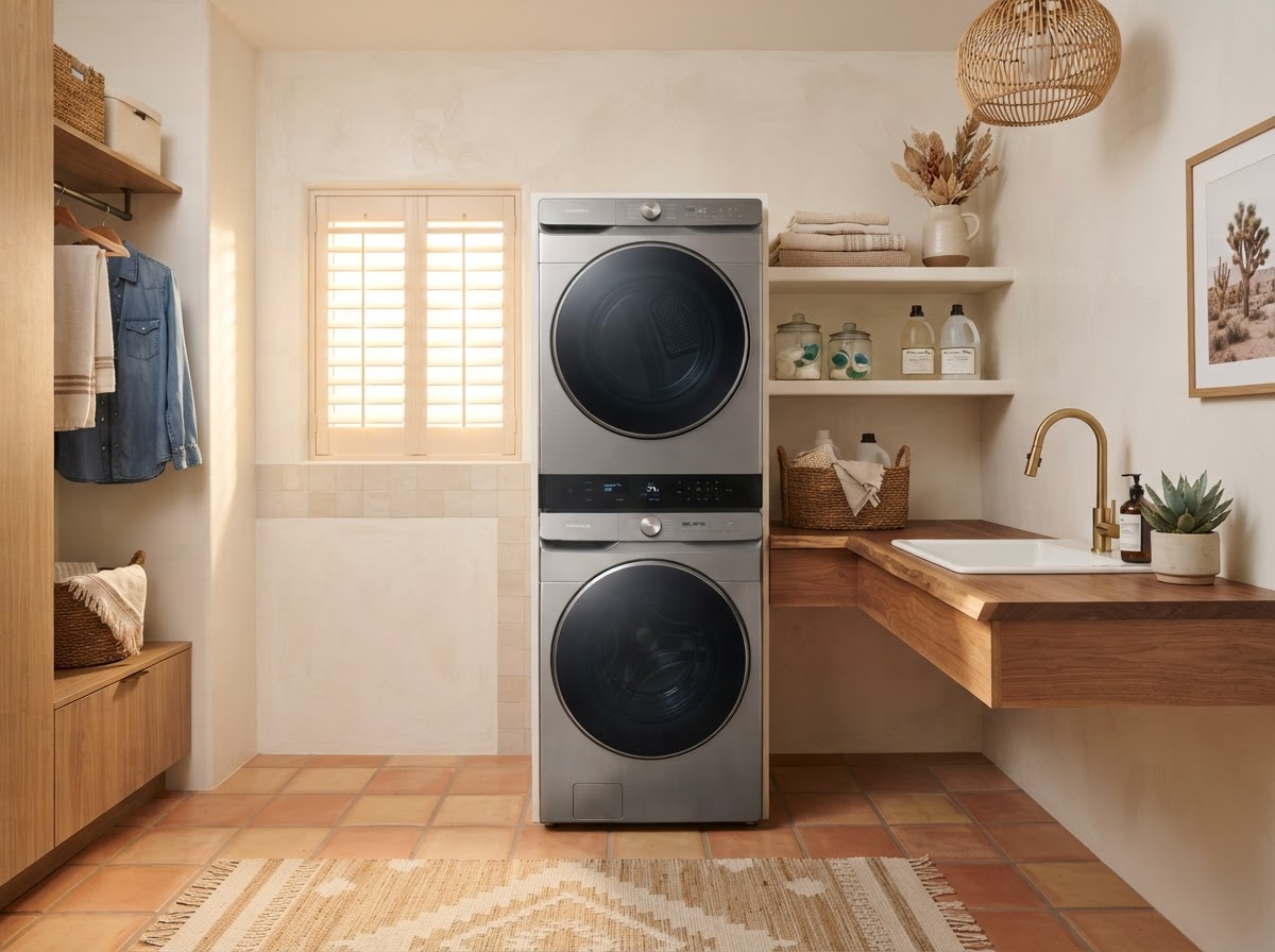 Laundry room with a modern washer and dryer in an Arizona home