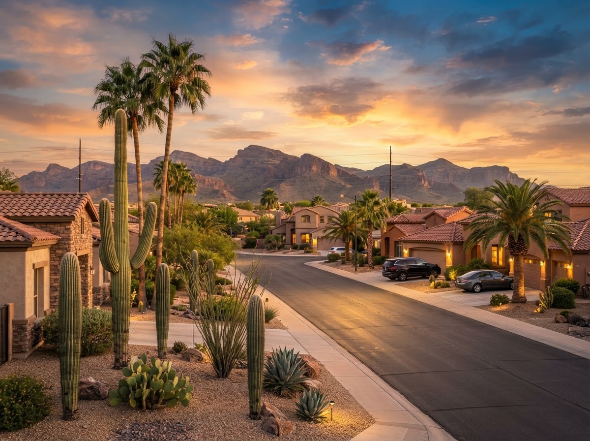 A Peoria, Arizona residential view with stucco homes, saguaro cacti, and desert mountains at sunset